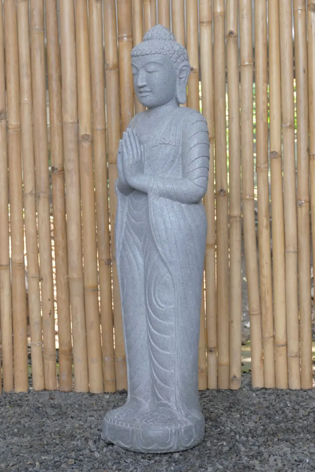  Product image 2 of the product “Standing Buddha made of Riverstone, position Namaskara , H. 118cm. ”
